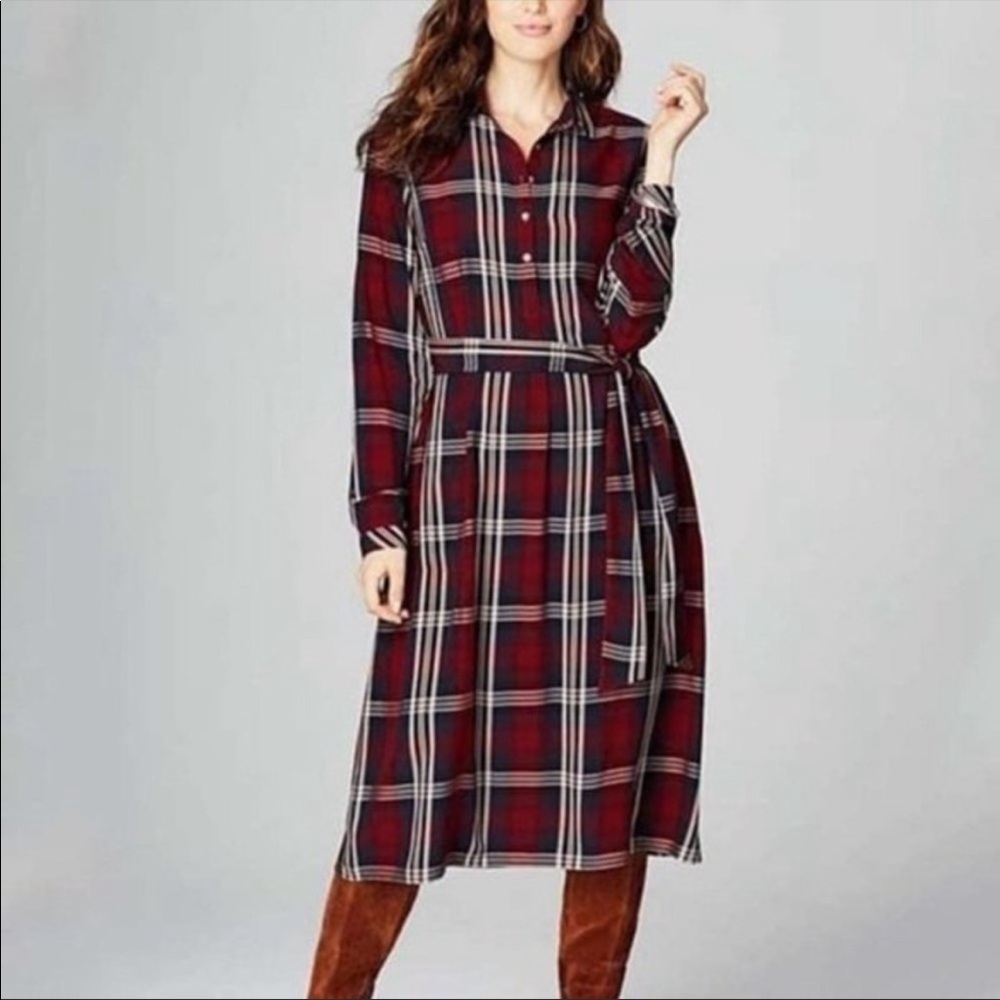 J. Jill Long Sleeve Ruby Plaid Belted Shirt Dress Midi Medium M